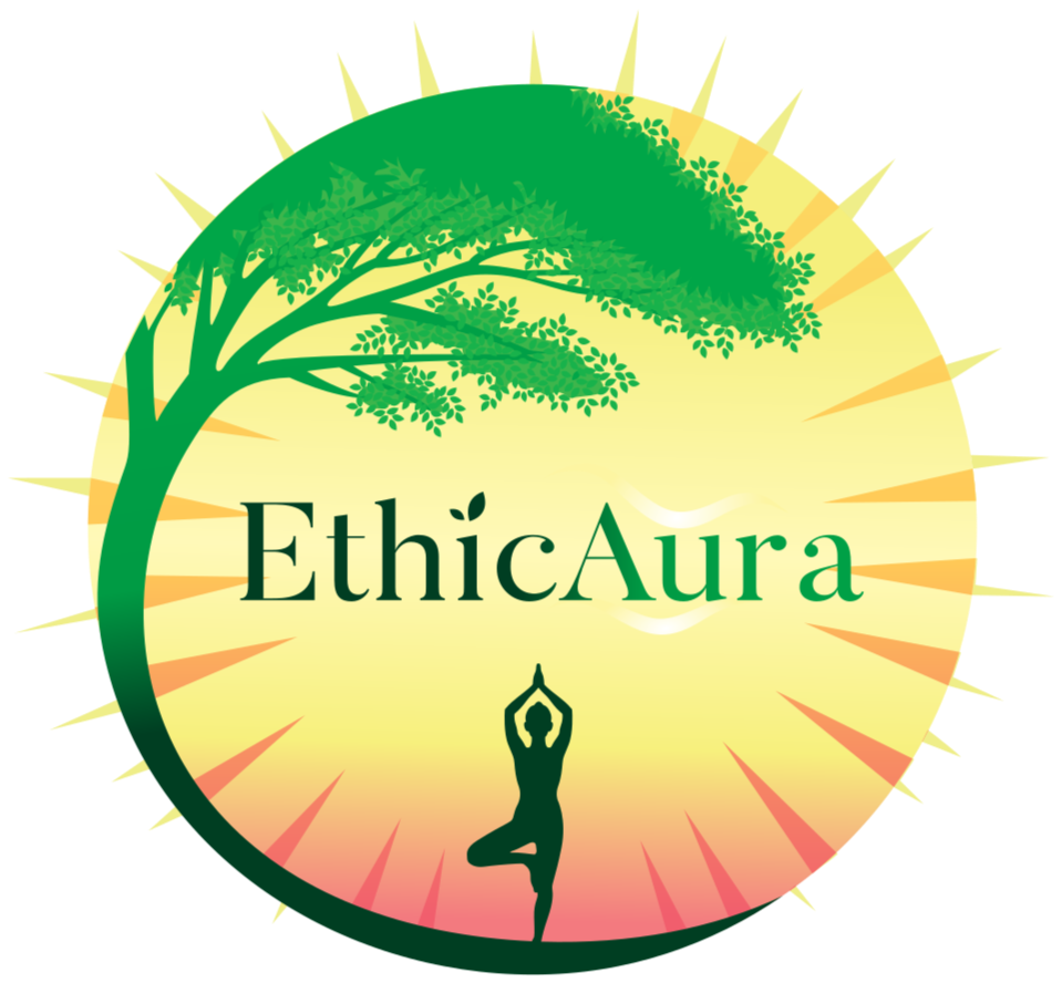 EthicAura logo, sunrise with a tree and silhouette of a person in a standing yoga pose