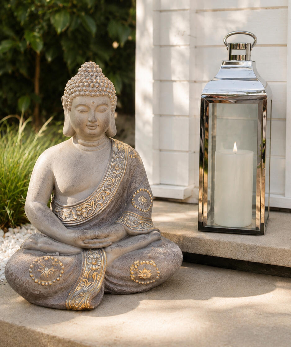 A seated Buddha beside a silver lantern, outdoors beside the Aura Treatment room
